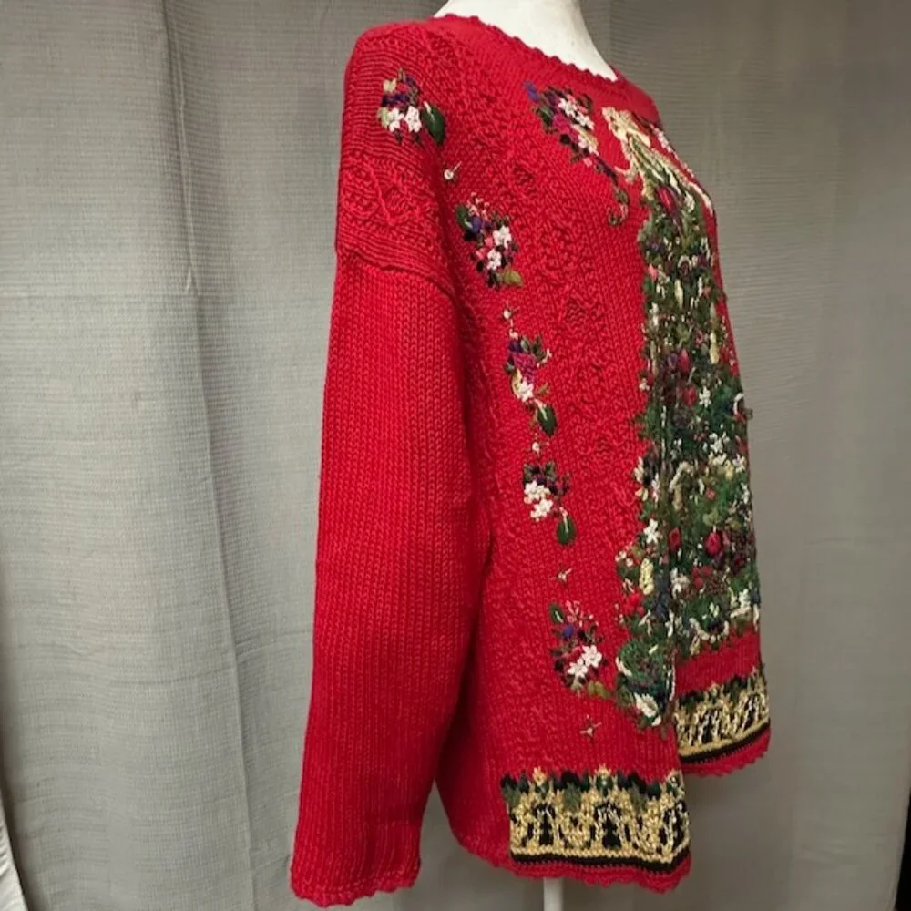 Red Christmas Tree Sweater Tunic, Embroidered, Tiara International Size L - Picture 6 of 13